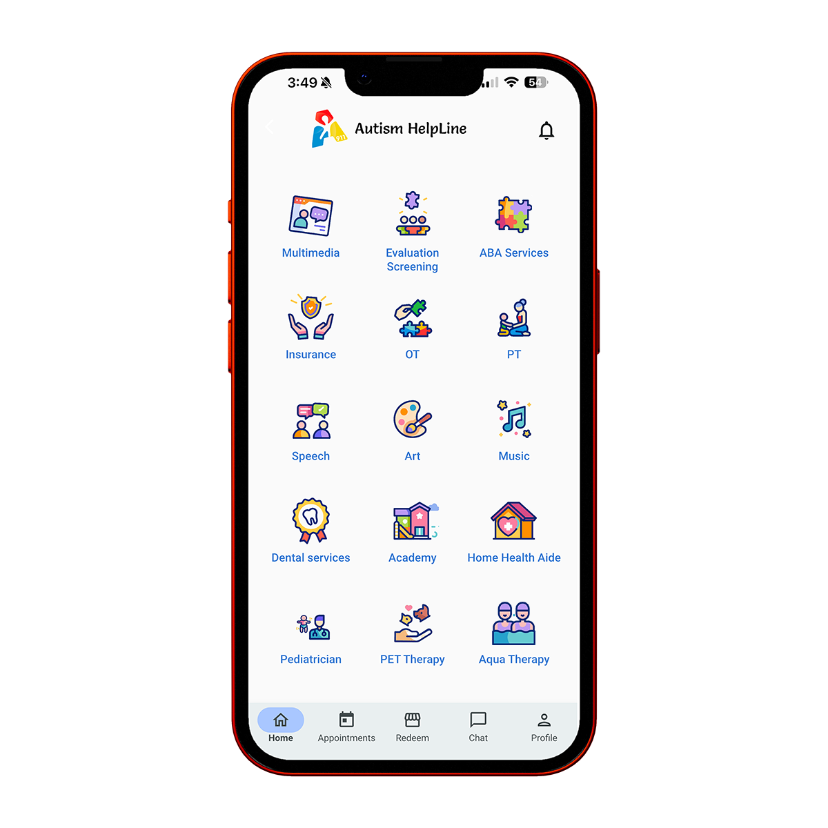 Autism 911 HelpLine mobile application shown on a phone